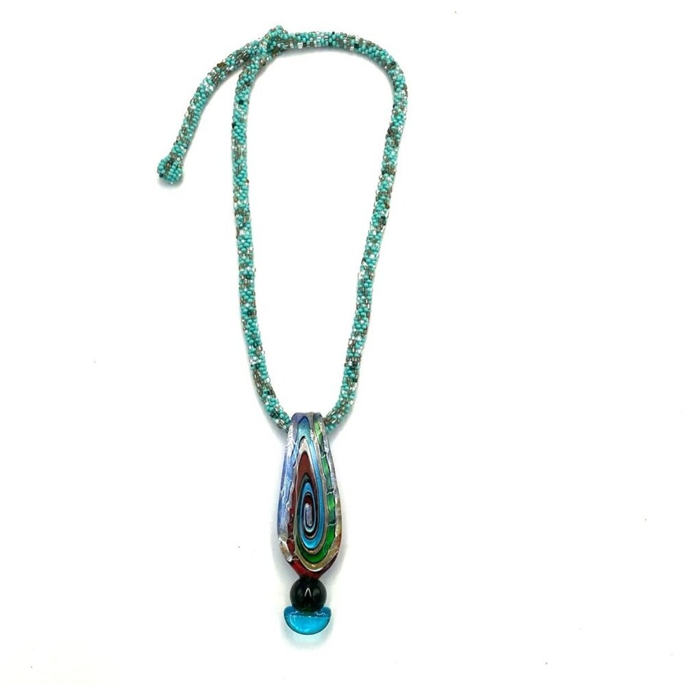 Seed Bead Choker Necklace w/ Glass Pendant‎ Artsy Boho Multicolor Adjustable